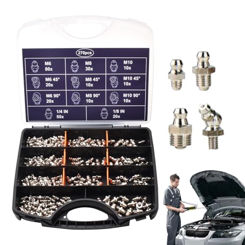 Bvizyelck Schmierfettnippel Sortiment,Schmiernippel-Kit 270 Teile Sortiment | Vielseitiges mechanisches Schmierwerkzeugset für Ausrüstungsgegenstände, Landwirtschaftsmaschinen und Personenkraftwagen von Bvizyelck