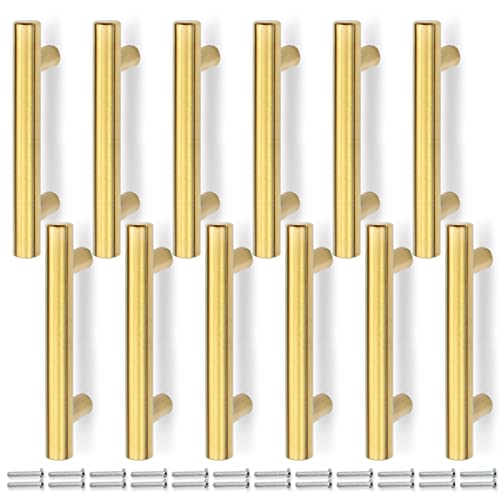 Bwintech 12 Pcs 100MM (64MM Loch Center) Gold Schrank Pull Griffe Küche T Bar Griffe, Edelstahl, Ideal für Schrank, Schublade, Schrank von Bwintech