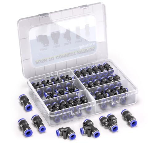 Bwintech 46-teiliges 4-mm-pneumatisches Quick-Push-In-Verbindungs-Kit für Luftschläuche (4-mm-Gerade/Winkel-/T-/Splitter-Anschluss und 4-6,4-8,6-8mm-Reduzieranschluss) von Bwintech