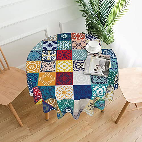 Tischdecke Bunte marokkanische mediterrane quadratische Fliesen 60 Zoll wasserdicht staubdicht runde Tischdekoration knitterfreie Tischtuch von Bxfdc