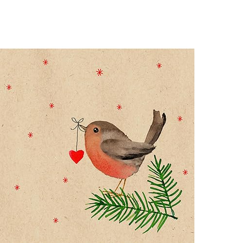 20 kleine Cocktail-Servietten aus Recycling-Papier Weihnachten Vogel mit Herz an Zweige als Tischdeko. Papierservietten mit Motiv. Auch für Decoupage und Serviettentechnik 25x25cm von By Nature