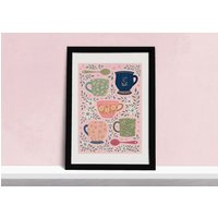 Kaffee Und Blumen Art Print - Pinke Grüne Teetassen Wanddekor Niedliche Illustration Küchenkunst Geschenk Für Kaffeeliebhaber A5, A4 Oder A3 von ByBeckyAmelia