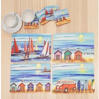 Strand-Platzset Und Untersetzer-Set, Kunstleder, 4Er-Set, 6Er-Set, Strandhütten-Tischsets, | 28cm X 21cm, Hitzebeständig, Rutschfest, Leicht Zu von ByJoCraftsArt