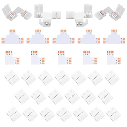 LED Strip Verbinder 4 Polig, Lötfreier LED Licht Anschluss L Form LED Leuchten Verlängerung T Form Lötfreie LED Adapter Verbinder für 8mm Weite 3535 RGB LED Strips, Led Verbinder 4 Polig von Byffoer
