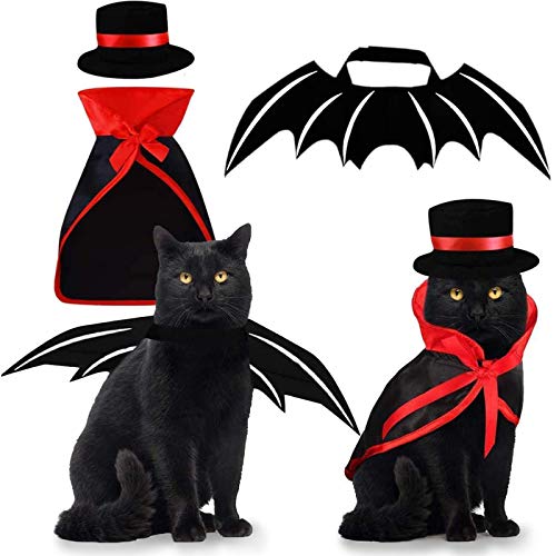 Haustierkostüme Katze Cosplay 3 PCS, Vampir Umhang mit Melone Fledermausflügel Haustier Cosplay Kostüme für kleine Katzen Lustige Urlaubskleidung für Schwarze Halloween Nacht Blutige Zombie Party von Byhoo