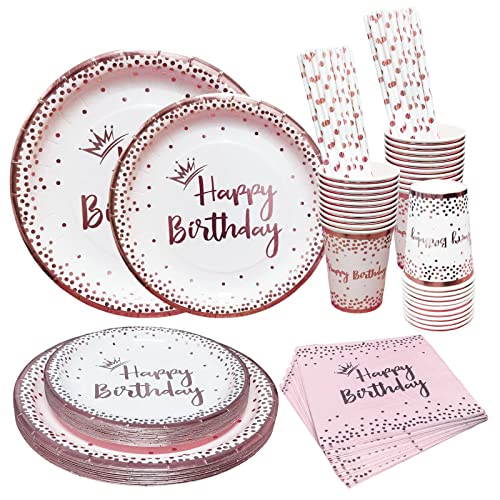 Bymivofun 100 Stück Roségold Geburtstags Geschirr, für 20 Gäste, Alles Gute zum Geburtstag Partyzubehör aus Papier, für Mädchen Frau Geburtstag Thema Party Dusche Dekoration von Bymivofun