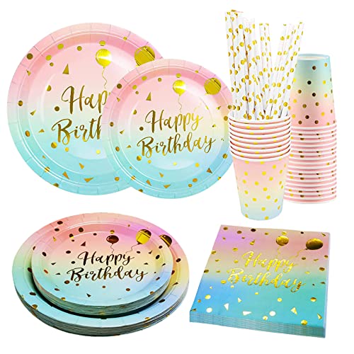 Bymivofun 125-teiliges Regenbogen Geburtstags Geschirr Set, für 25 Gäste, Papier Kinder Happy Birthday Party Geschirr, für Mädchen, Jungen, Regenbogen Thema, Geburtstagsparty, Dusche, Dekoration von Bymivofun