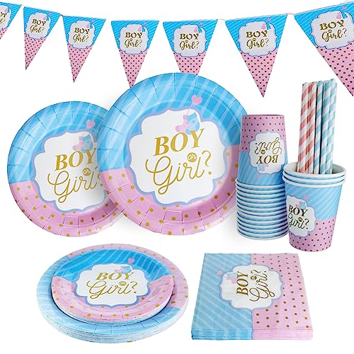 Bymivofun 81-teiliges Gender Reveal Geschirr, für 16 Gäste, Jungen oder Mädchen Papier Geschirr, Partyzubehör, für Kinder Thema Geburtstags Party Baby Dusche von Bymivofun