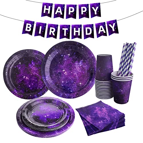 Bymivofun Weltraum Galaxie Papier geschirr Set, für 16 Gäste, Weltraum Galaxie Party Zubehör, für Kinder Thema Geburtstag Party Dusche Deco von Bymivofun