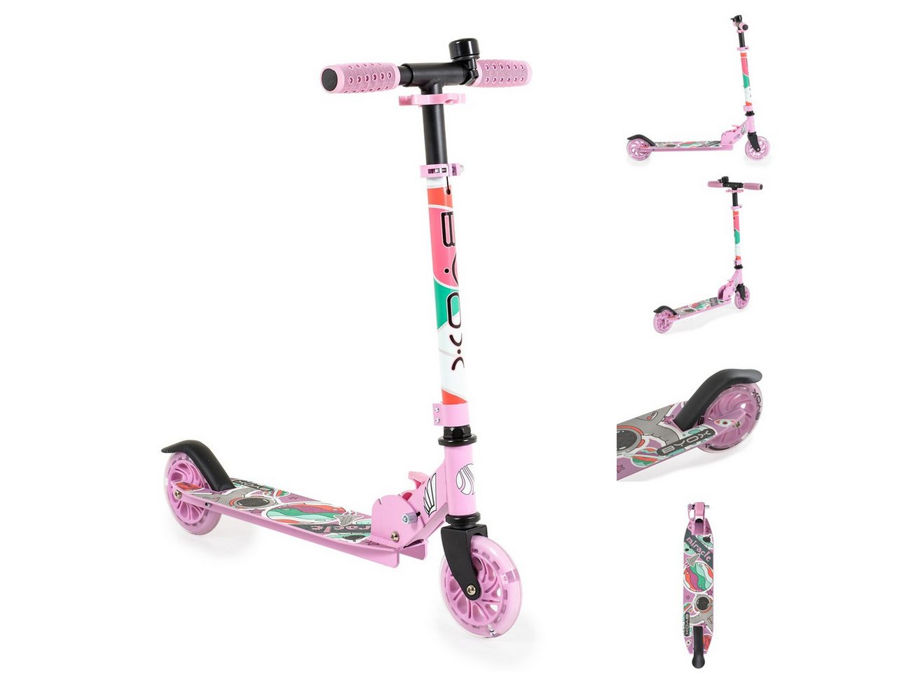 Byox Cityroller Kinderroller Miracle faltbar, LED-PU-Räder ABEC-7 Klingel Höhe einstellbar von Byox