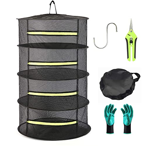 Bysameyee 60cm 4-lagiges Kräuter-Abtropfgestell mit Reißverschluss, zusammenklappbarer Hänge-Netz-Pflanzentrockner-Netzkorb mit Gartenhandschuhen, Astschere und Haken zum Trocknen von Samen, Knospe von Bysameyee