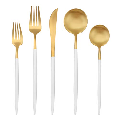 Matt Gold Besteckset mit weißem Griff, Bysta 5-teiliges Edelstahl Besteckset Küchenhelfer Set Service für 1, Geschirrbesteck Set für Zuhause und Restaurant, satiniert, spülmaschinenfest von Bysta