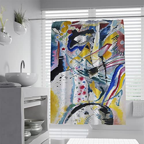 Abstrakte Kunst Duschvorhang, Wassily Kandinsky Berühmtes Gemälde Helle Farbmalerei, feuchtigkeitsbeständiges Duschvorhang-Set mit Haken B180xH180cm von Bywoo Decor