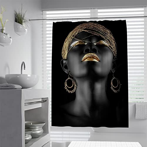 Bywoo Decor Afrikanische Schwarze Frau Duschvorhang Goldene Lippen Schmuck Hübsches Mädchen Badewanne Vorhänge Set Beschattung Badezimmer Dekoration Schwarz Stoff 180x180cm von Bywoo Decor
