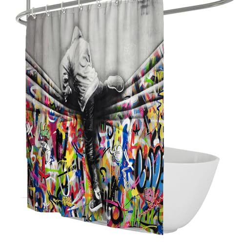 Bywoo Decor Banksy Duschvorhang Set Street Art Graffiti Hinter den Vorhängen DruckBadevorhang für Badezimmer Maschine waschbar weich und geruchlos 180x180cm von Bywoo Decor
