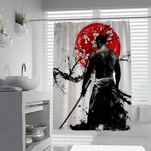 Bywoo Decor Japanischer Samurai Duschvorhang Asiatischer Stil Badewanne Vorhänge Spritzende Tinte Badezimmer Trennvorhang 12 Haken enthalten Schwarz Rot 200x200cm von Bywoo Decor