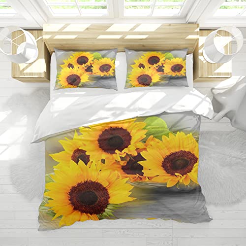 Bywoo Decor Ultra weicher Bettbezug Sonnenblumen Bettdecke Bezug gebürstete Mikrofaser Bettwäsche mit Reißverschluss und 2 Kissen Shams Gelb Floral 135x200cm von Bywoo Decor
