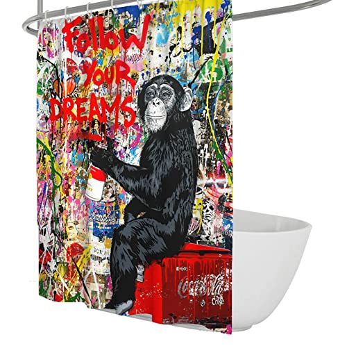 Street Pop Art Duschvorhang Liner Banksy Graffiti Gorilla Badevorhänge Set mit Duschhaken Schicke Badezimmer-Dekor Folgen Sie Ihren Träumen W150xL180cm von Bywoo Decor