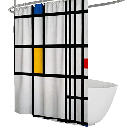 World Masterpiece Piet Mondrian's Works Duschvorhang für Badezimmerdekoration, berühmter Künstler, buntes Gitter, Polyester, wasserdicht, 12 Haken, B 120 x H 180 cm von Bywoo Decor