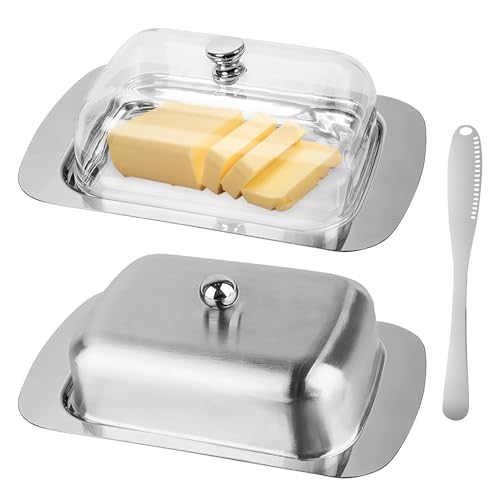 2 Stück Butterdose Edelstahl, Butterdose mit Deckel Transparente, Butterdosen mit Buttermesser, Butterglocke Dessertschale Käsebrotbox Butterbehälter von Byzesty