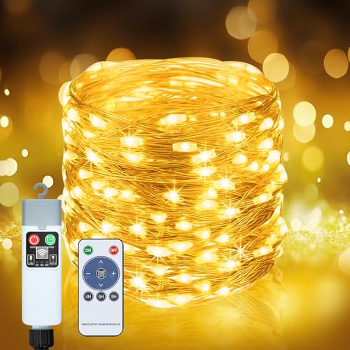 Bzavor Lichterkette Batterie Timer,10M 100 LED Wiederaufladbare Lichterkette 3 Timer 8 Modi Merkfunktion IP65 Wasserdicht Lichterketten Kupferdraht Batteriebetrieben Fairy Lights für Garten von Bzavor