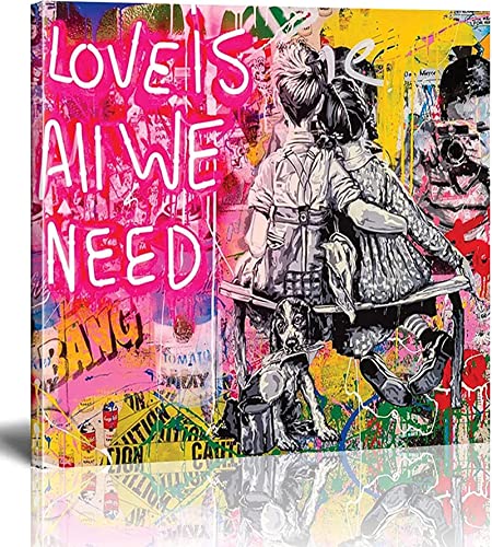 Banksy Bilder Leinwand - Liebe ist alles,was wir brauchen - Straße Graffiti-Kunst Leinwand Bilder sind auf Leinwand-Wand-Kunstdruck-Wohnzimmer-Wand-Dekor 40x40cm/16x16inch von Bzdmly