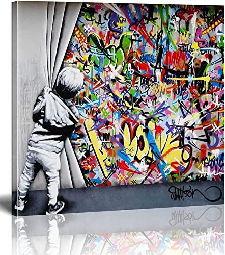 Banksy Bilder-Leinwand hinter dem Vorhang-Straße Graffiti-Kunst-Leinwand-Bilder sind auf Leinwand gedruckt Wand-Kunstdruck Wohnzimmer-Wand-Dekor 40x40cm/16x16inch… von Bzdmly