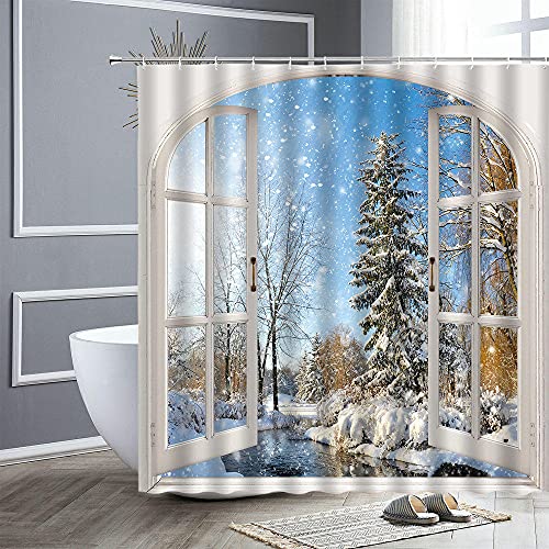 Winterlandschaft Duschvorhänge Set Haus Straße Fenster Zeder Schnee Szene Badezimmer Dekor Vorhang Wasserdichtes Gewebe Badezimmer Bildschirm-B180xH180cm Winterlandschaft Duschvorhänge Set Haus Straße Fenster Zeder Schnee Szene Badezimmer Dekor Vorhang Wasserdichtes Gewebe Badezimmer Bildschirm-B180xH180cm von Bzhjkajksad