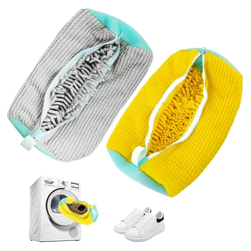 2 Stück Wäschenetz Schuhe, Schuhwaschbeutel Waschmaschine, Schuhe Waschbeutel mit Reißverschluss, Schuhe Waschmaschine Beutel, Wiederverwendbarer schuhwaschbeutel, Shoe Washing Bag (Gelb + Grau) von Bztzhm