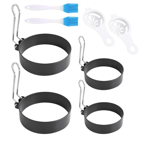 4 Stück Spiegeleiform, Pancake Form, Vielseitige Spiegelei- und Pfannkuchenformen aus Edelstahl – Set mit 4 Formen (7,5 cm & 9 cm) + 2 Ei-Trenner und 2 Bürsten für perfekte Frühstücksvariationen von Bztzhm
