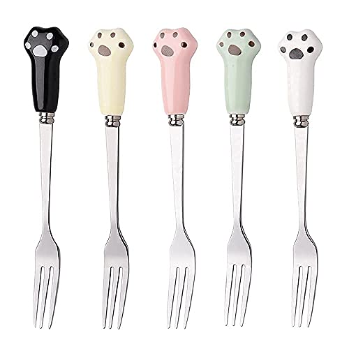 6 Stück Set Keramikgriff Edelstahl Obstgabel kreativ süß Obst Dessert Gabel Katze Kralle Kuchen Gabel Essen Obst kleine Gabel Dessert Gabel Salatgabel schöne bunte Edelstahlgabel von SHAKLAK