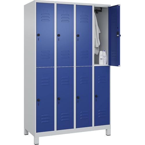 C+P | Doppelstock-Spind Classic Plus | 4 Abteile | lichtgrau/enzianblau | HxB 1950 x 1200 mm | mit Füßen | Drehriegel von C + P Möbelsysteme