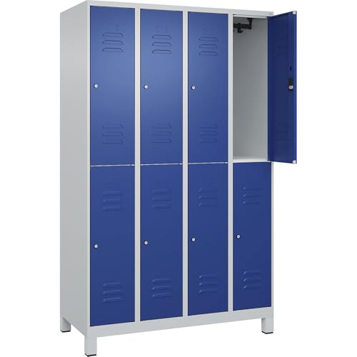 C+P | Doppelstock-Spind Classic Plus | 4 Abteile | lichtgrau/enzianblau | HxB 1950 x 1200 mm | mit Füßen | Zylinderschloss von C + P Möbelsysteme