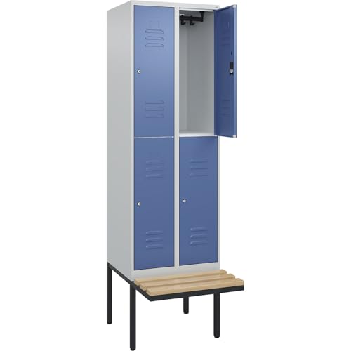 C+P | Doppelstock-Spind Classic Plus Sitzbank | 2 Abteile | lichtgrau/fernblau | B 600 mm | Zylinderschloss | auskragend | Buche-Hartholz von C + P Möbelsysteme