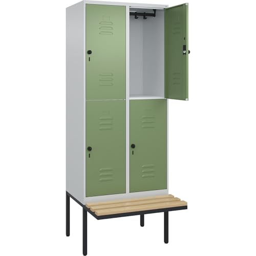 C+P | Doppelstock-Spind Classic Plus Sitzbank | 2 Abteile | lichtgrau/resedagrün | B 800 mm | Sicherheits-Drehriegel | auskragend | Buche-Hartholz von C + P Möbelsysteme