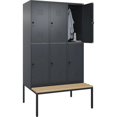 C+P | Doppelstock-Spind Classic Plus Sitzbank | 3 Abteile | grau | B 1200 mm | Sicherheits-Drehriegel | untergebaut | Buche-Hartholz von C + P Möbelsysteme