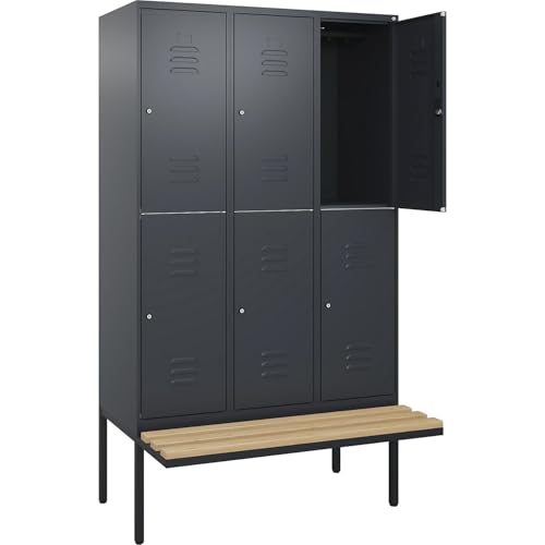 C+P | Doppelstock-Spind Classic Plus Sitzbank | 3 Abteile | grau | B 1200 mm | Zylinderschloss | auskragend | Buche-Hartholz von C + P Möbelsysteme