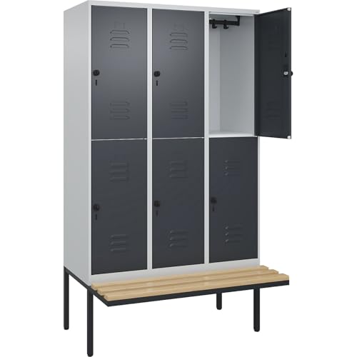 C+P | Doppelstock-Spind Classic Plus Sitzbank | 3 Abteile | lichtgrau/grau | B 1200 mm | Sicherheits-Drehriegel | auskragend | Buche-Hartholz von C + P Möbelsysteme