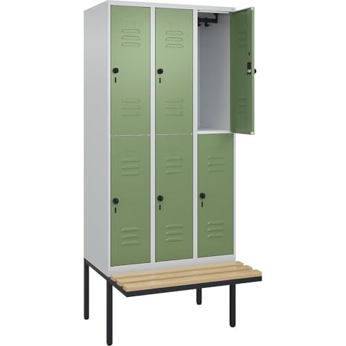 C+P | Doppelstock-Spind Classic Plus Sitzbank | 3 Abteile | lichtgrau/resedagrün | B 900 mm | Sicherheits-Drehriegel | auskragend | Buche-Hartholz von C + P Möbelsysteme