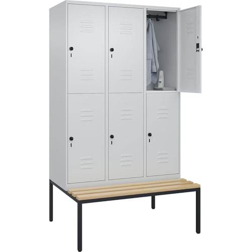 C+P | Doppelstock-Spind Classic Plus Sitzbank | 3 Abteile | lichtgrau | B 1200 mm | Sicherheits-Drehriegel | untergebaut | Buche-Hartholz von C + P Möbelsysteme
