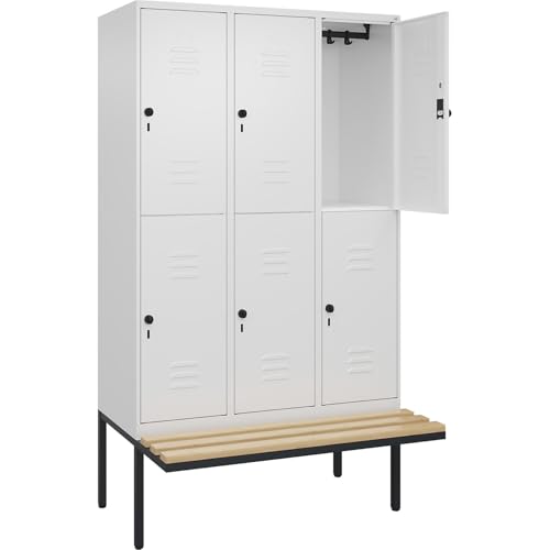 C+P | Doppelstock-Spind Classic Plus Sitzbank | 3 Abteile | verkehrsweiß | B 1200 mm | Sicherheits-Drehriegel | auskragend | Buche-Hartholz von C + P Möbelsysteme