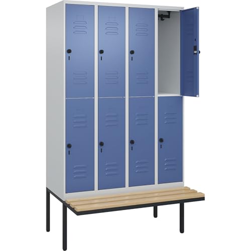 C+P | Doppelstock-Spind Classic Plus Sitzbank | 4 Abteile | lichtgrau/fernblau | B 1200 mm | Sicherheits-Drehriegel | auskragend | Buche-Hartholz von C + P Möbelsysteme