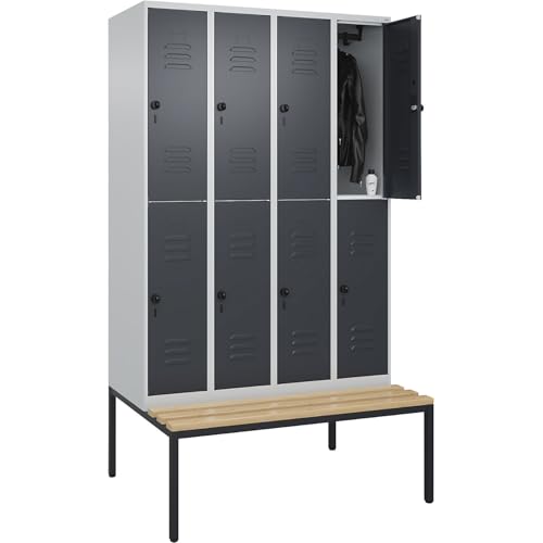C+P | Doppelstock-Spind Classic Plus Sitzbank | 4 Abteile | lichtgrau/grau | B 1200 mm | Sicherheits-Drehriegel | untergebaut | Buche-Hartholz von C + P Möbelsysteme