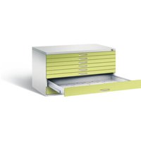 C+P Flachablageschrank Serie 7100_7200, H760xB1350xT960mm, Front Viridingrün, Korpus Lichtgrau (7201-200) von C + P Möbelsysteme