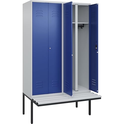 C + P Möbelsysteme C+P | Schwarz-Weiß-Spind Classic Plus Sitzbank | 2 Abteile | lichtgrau/enzianblau | B 1200 mm | Zylinderschloss | auskragend | Kunststoff von C + P Möbelsysteme