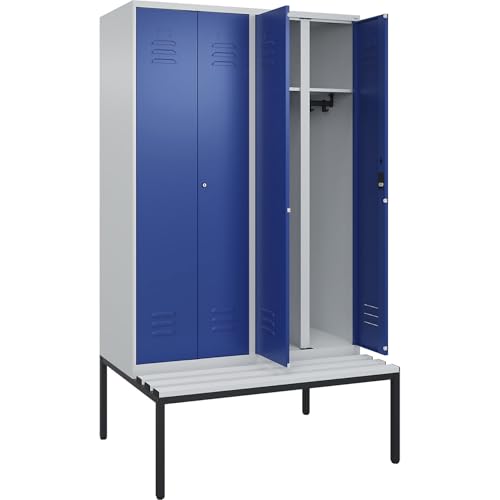 C + P Möbelsysteme C+P | Schwarz-Weiß-Spind Classic Plus Sitzbank | 2 Abteile | lichtgrau/enzianblau | B 1200 mm | Zylinderschloss | untergebaut | Kunststoff von C + P Möbelsysteme