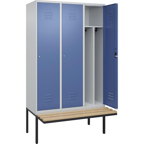 C + P Möbelsysteme C+P | Schwarz-Weiß-Spind Classic Plus Sitzbank | schmal | 3 Abteile | Trennwand verkürzt | lichtgrau/fernblau | B 1200 mm | Zylinderschloss | auskragend | Buche-Hartholz von C + P Möbelsysteme