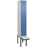 C+P Spind Classic PLUS, Bank, 1 Abteil, 2120x300x815mm, 7035/5023 Verschluss Zylinderschloss 3 Garderobenhaken  Dekor Banklatten RAL 7035 Lichtgrau Sitzbanktyp auskragend von C + P Möbelsysteme