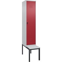 C+P Spind Classic PLUS, Bank, 1 Abteil, 2120x400x815mm, 7035/3003 Verschluss Sicherheits-Drehriegel 4 Garderobenhaken Trennwand mittig Dekor Banklatten RAL 7035 Lichtgrau Sitzbanktyp untergebaut von C + P Möbelsysteme