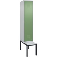 C+P Spind Classic PLUS, Bank, 1 Abteil, 2120x400x815mm, 7035/6011 Verschluss Zylinderschloss 4 Garderobenhaken Trennwand mittig Dekor Banklatten RAL 7035 Lichtgrau Sitzbanktyp untergebaut von C + P Möbelsysteme